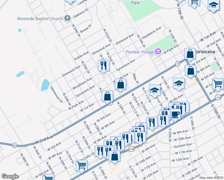 map of restaurants, bars, coffee shops, grocery stores, and more near 1430 West 1st Avenue in Corsicana