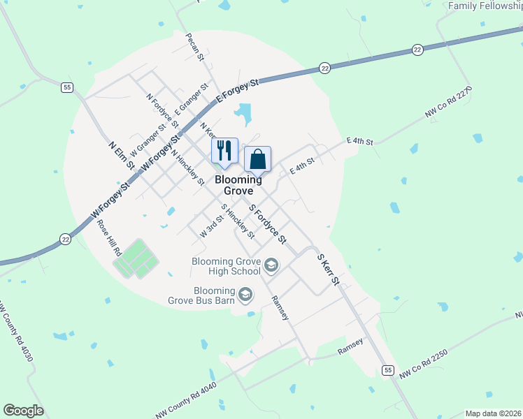 map of restaurants, bars, coffee shops, grocery stores, and more near 106 East 4th Street in Blooming Grove