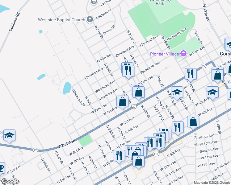 map of restaurants, bars, coffee shops, grocery stores, and more near 1601 Sycamore Avenue in Corsicana