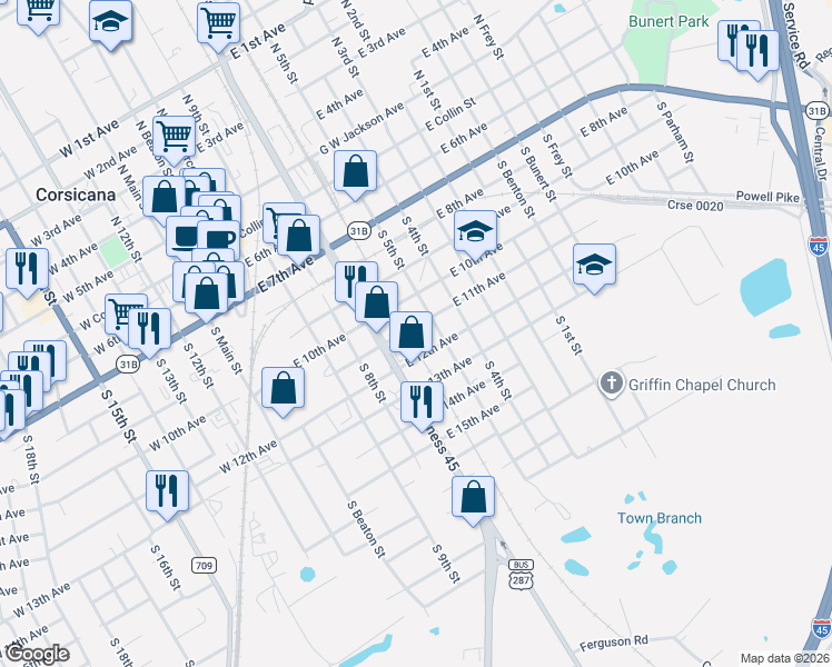 map of restaurants, bars, coffee shops, grocery stores, and more near 601 East 11th Avenue in Corsicana
