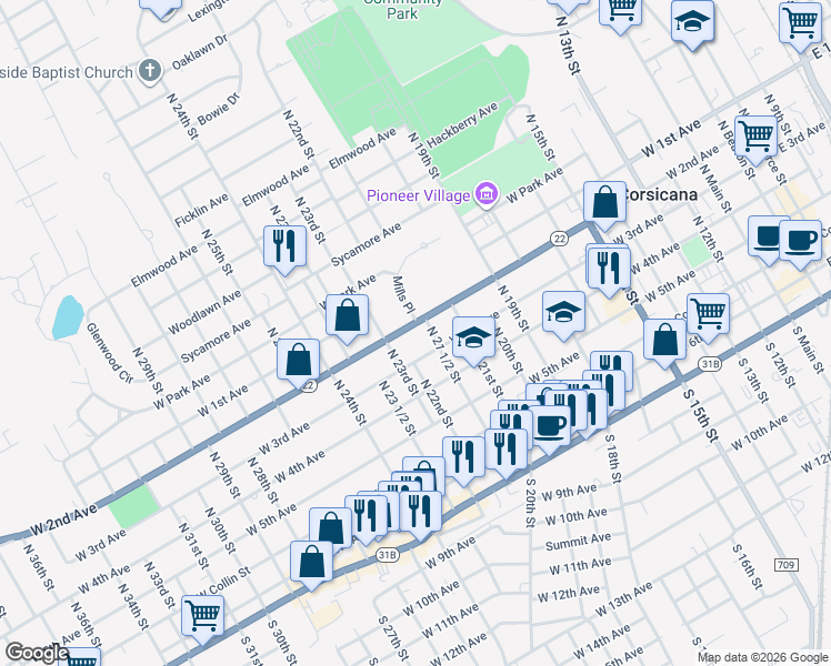 map of restaurants, bars, coffee shops, grocery stores, and more near 1321 West 2nd Avenue in Corsicana