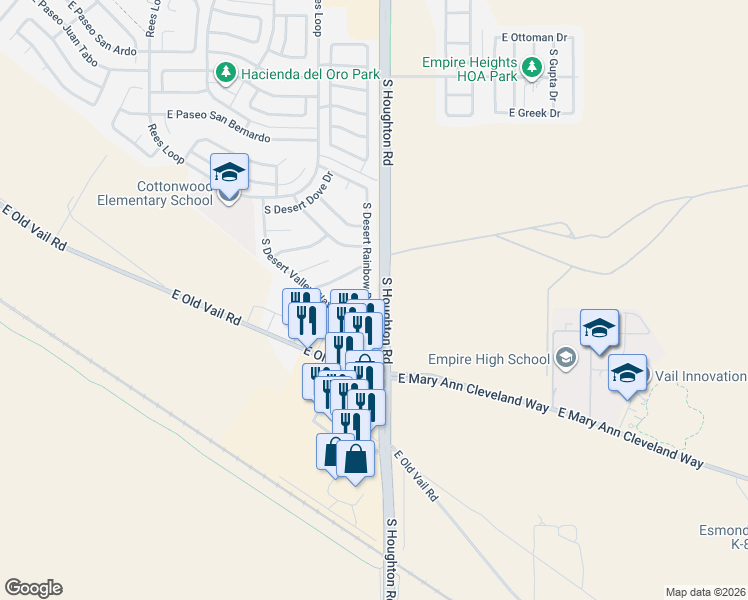 map of restaurants, bars, coffee shops, grocery stores, and more near 8837 South Desert Rainbow Drive in Tucson