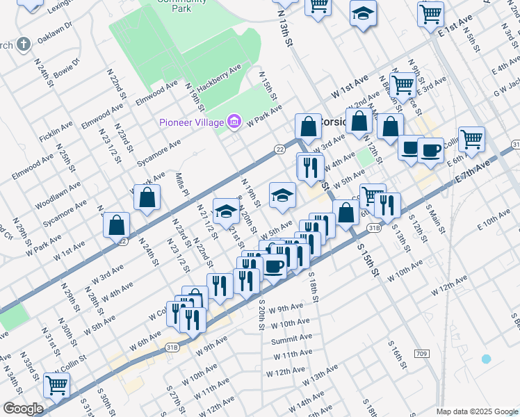 map of restaurants, bars, coffee shops, grocery stores, and more near 1000 West 4th Avenue in Corsicana