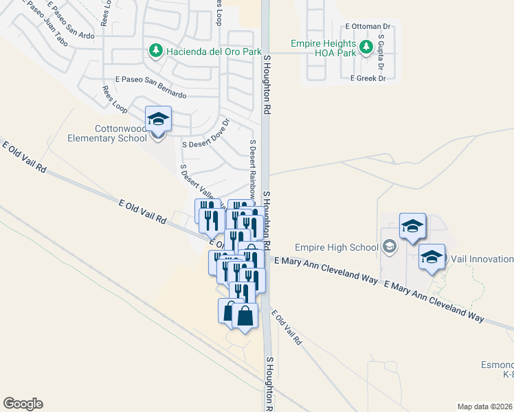 map of restaurants, bars, coffee shops, grocery stores, and more near 8837 South Desert Rainbow Drive in Tucson