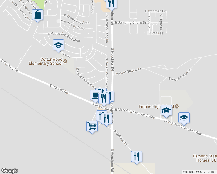 map of restaurants, bars, coffee shops, grocery stores, and more near 8837 South Desert Rainbow Drive in Tucson
