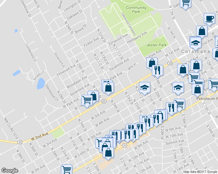 map of restaurants, bars, coffee shops, grocery stores, and more near 1430 West 1st Avenue in Corsicana