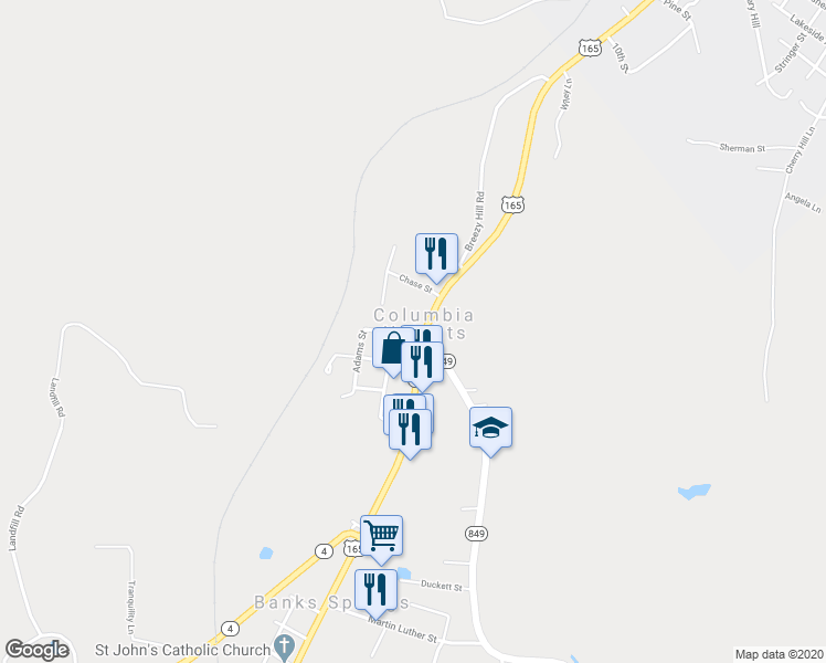 map of restaurants, bars, coffee shops, grocery stores, and more near 7194 U.S. 165 in Columbia