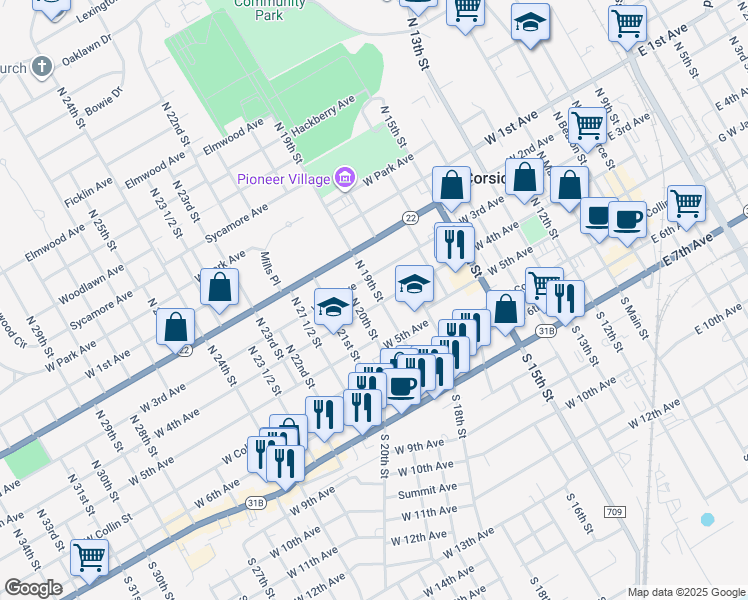 map of restaurants, bars, coffee shops, grocery stores, and more near 1000 West 4th Avenue in Corsicana