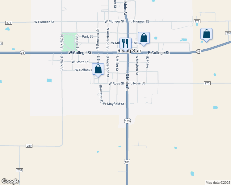 map of restaurants, bars, coffee shops, grocery stores, and more near 410 South Miller Street in Rising Star