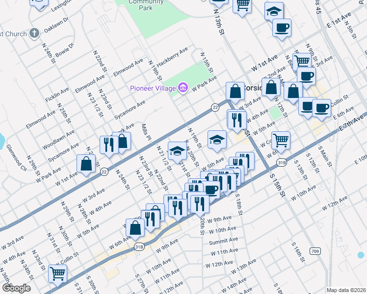 map of restaurants, bars, coffee shops, grocery stores, and more near 1101 West 3rd Avenue in Corsicana