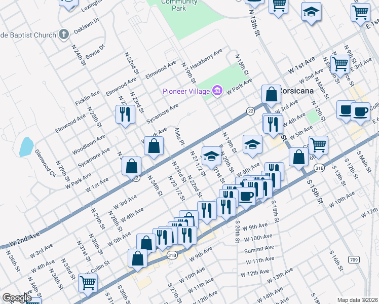 map of restaurants, bars, coffee shops, grocery stores, and more near 1321 West 2nd Avenue in Corsicana