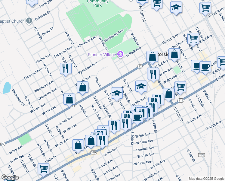 map of restaurants, bars, coffee shops, grocery stores, and more near 1212 West 3rd Avenue in Corsicana