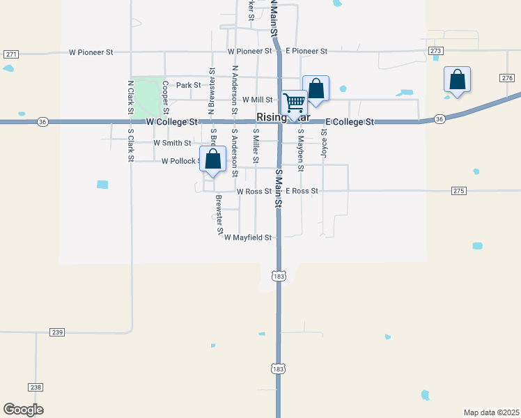 map of restaurants, bars, coffee shops, grocery stores, and more near 410 South Miller Street in Rising Star