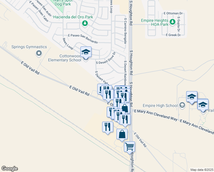 map of restaurants, bars, coffee shops, grocery stores, and more near 8826 South Desert Valley Way in Tucson