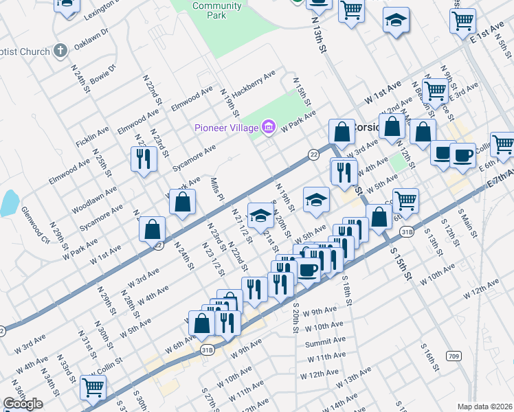 map of restaurants, bars, coffee shops, grocery stores, and more near 1101 West 3rd Avenue in Corsicana