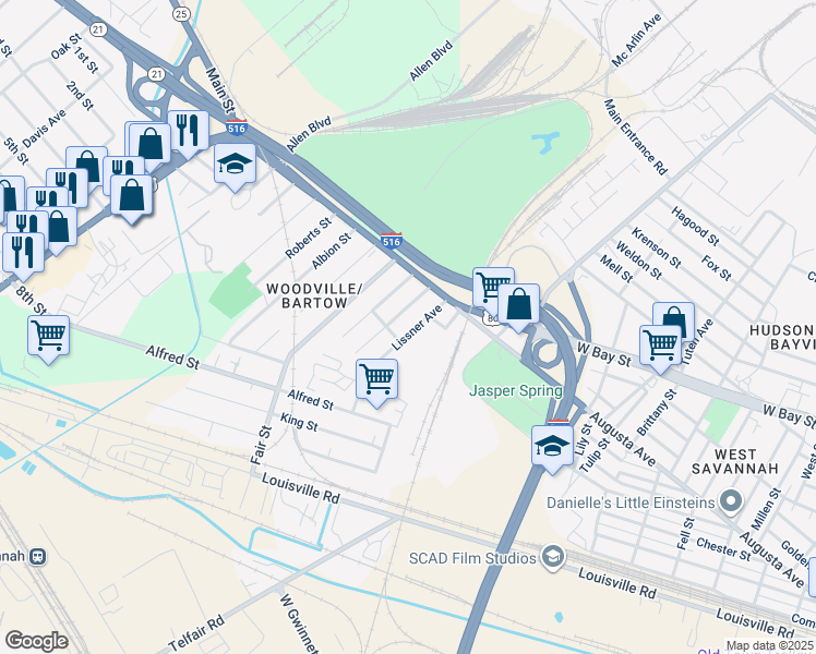 map of restaurants, bars, coffee shops, grocery stores, and more near 33 Lissner Avenue in Savannah