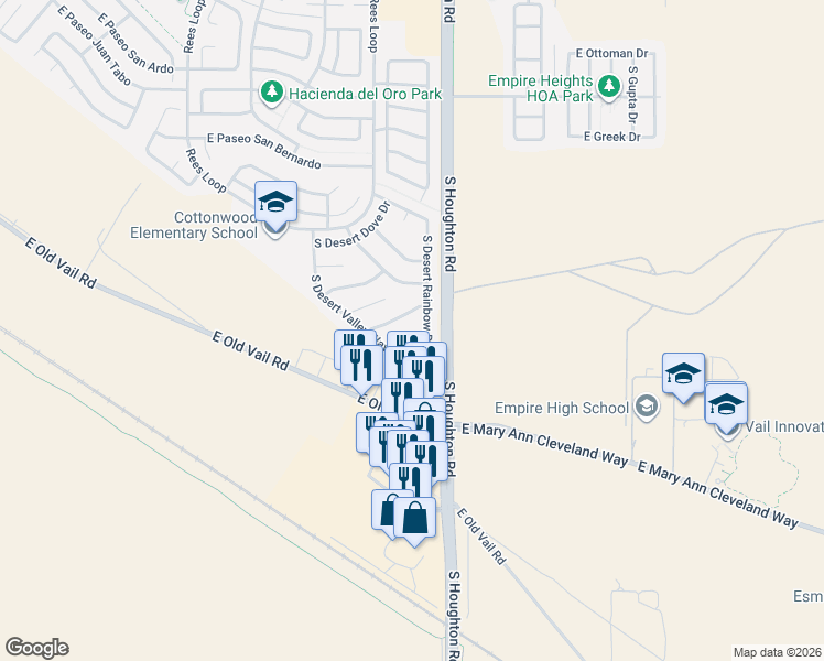 map of restaurants, bars, coffee shops, grocery stores, and more near 8837 South Desert Rainbow Drive in Tucson