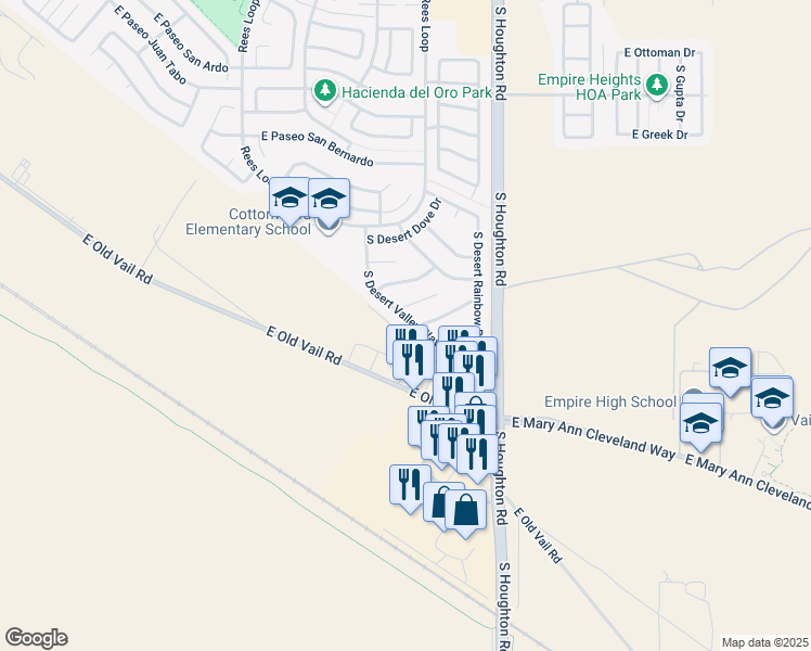 map of restaurants, bars, coffee shops, grocery stores, and more near 8826 South Desert Valley Way in Tucson