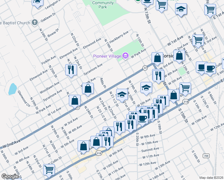 map of restaurants, bars, coffee shops, grocery stores, and more near 1212 West 3rd Avenue in Corsicana