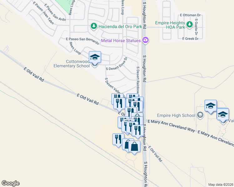 map of restaurants, bars, coffee shops, grocery stores, and more near 8822 Desert Valley Way in Tucson