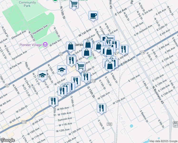 map of restaurants, bars, coffee shops, grocery stores, and more near 421 West Collin Street in Corsicana