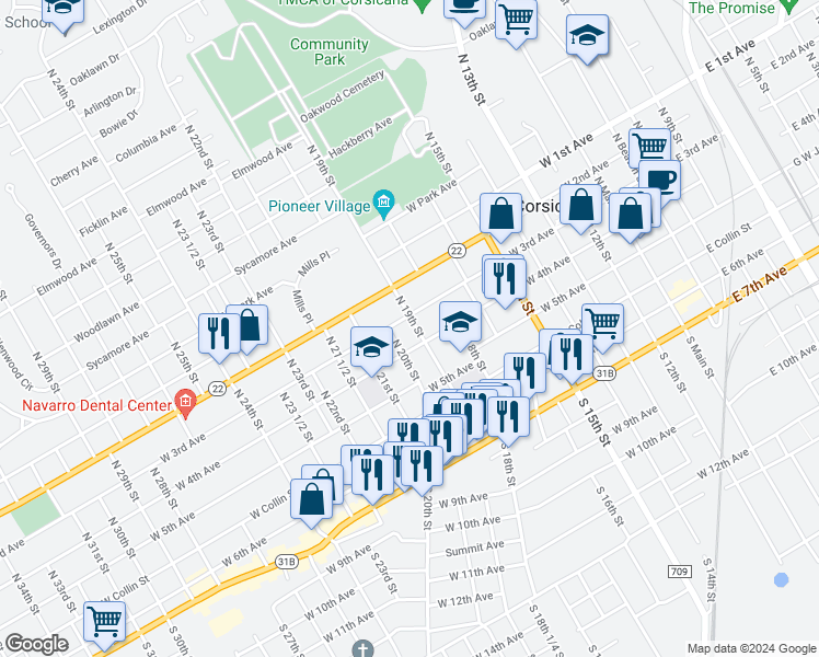 map of restaurants, bars, coffee shops, grocery stores, and more near 300 North 19th Street in Corsicana
