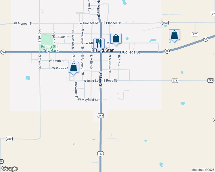 map of restaurants, bars, coffee shops, grocery stores, and more near 410 Joyce Street in Rising Star