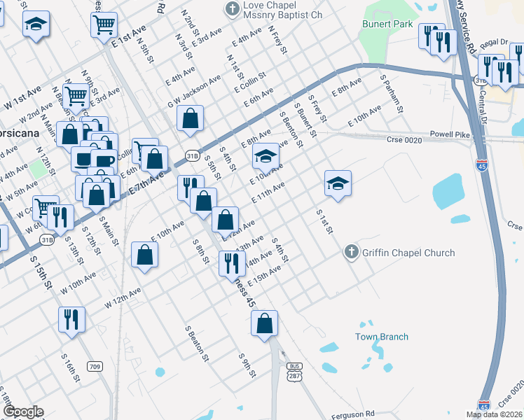 map of restaurants, bars, coffee shops, grocery stores, and more near 813 East 12th Avenue in Corsicana