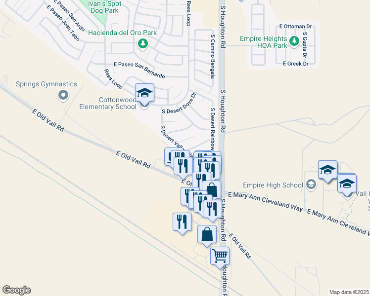 map of restaurants, bars, coffee shops, grocery stores, and more near 10155 East Desert Mesa Drive in Tucson