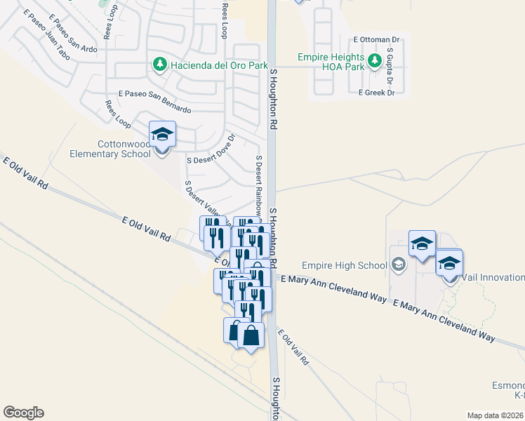 map of restaurants, bars, coffee shops, grocery stores, and more near 8837 South Desert Rainbow Drive in Tucson