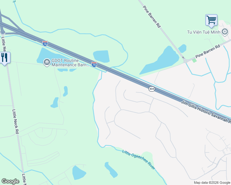 map of restaurants, bars, coffee shops, grocery stores, and more near Jim Gillis Historic Savannah Parkway in Bloomingdale
