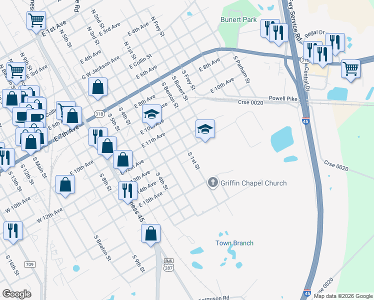 map of restaurants, bars, coffee shops, grocery stores, and more near 1101 East 13th Avenue in Corsicana