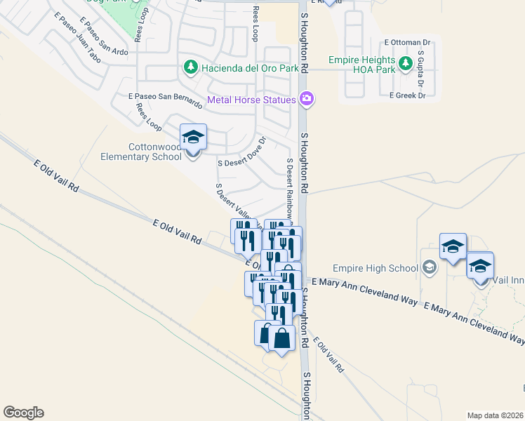 map of restaurants, bars, coffee shops, grocery stores, and more near 10185 East Desert Mesa Drive in Tucson