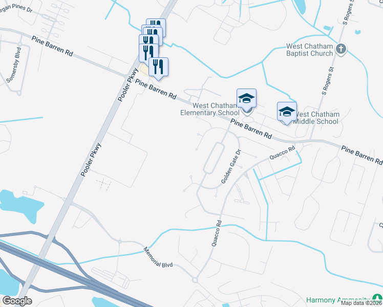 map of restaurants, bars, coffee shops, grocery stores, and more near 120 Golden Gate Drive in Pooler