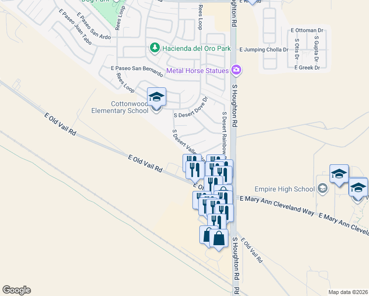 map of restaurants, bars, coffee shops, grocery stores, and more near 10126 East Desert Gorge Drive in Tucson
