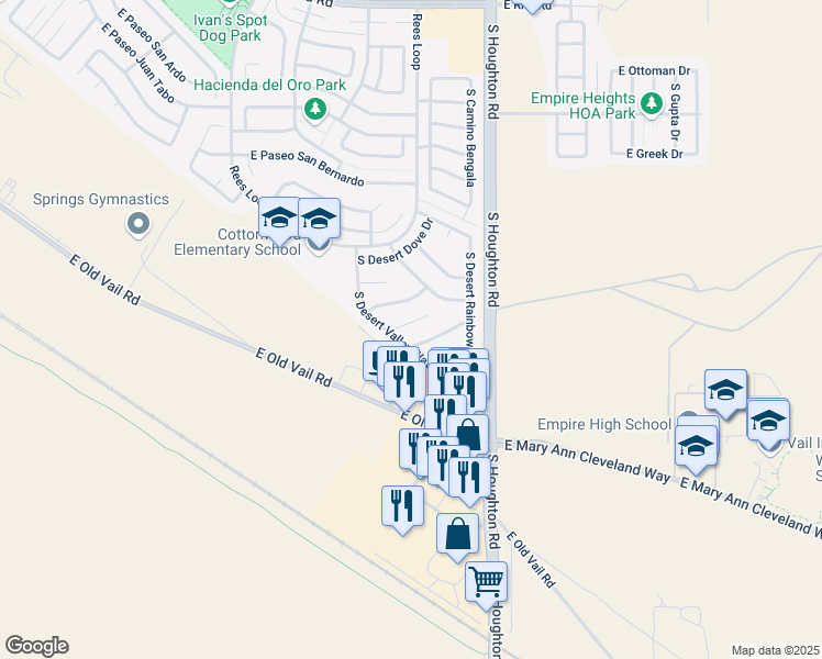 map of restaurants, bars, coffee shops, grocery stores, and more near 10150 East Desert Paradise Place in Tucson