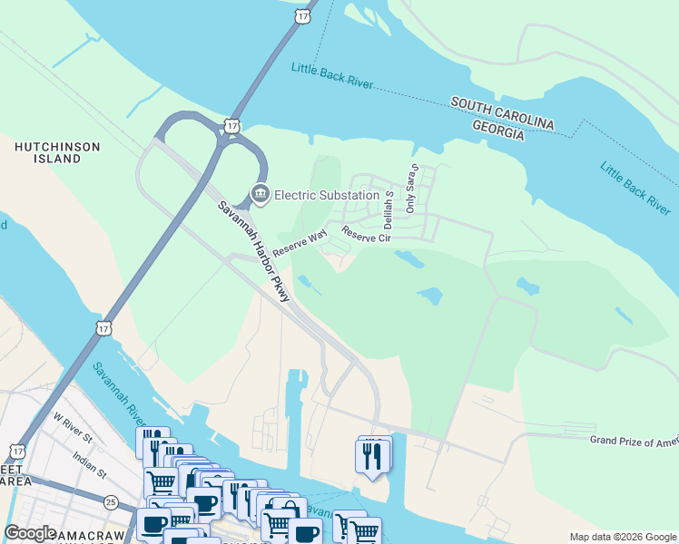 map of restaurants, bars, coffee shops, grocery stores, and more near 445 Legends Court in Savannah