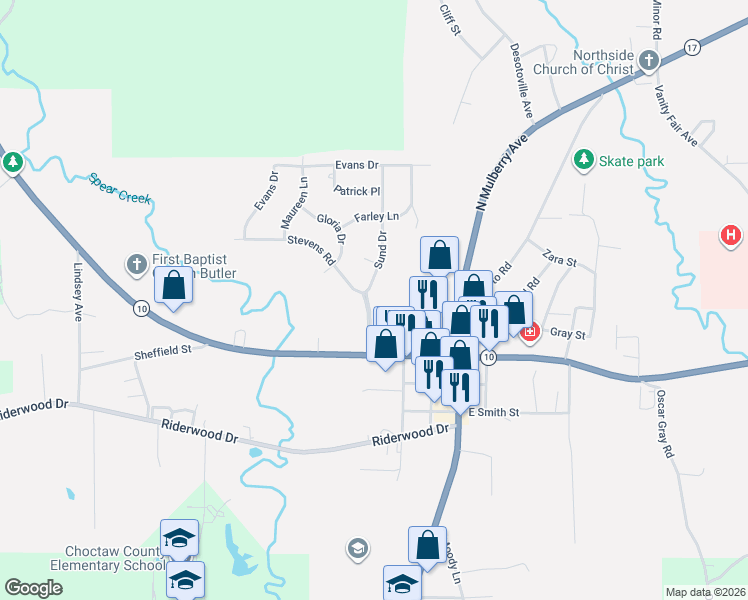 map of restaurants, bars, coffee shops, grocery stores, and more near Stevens Road in Butler