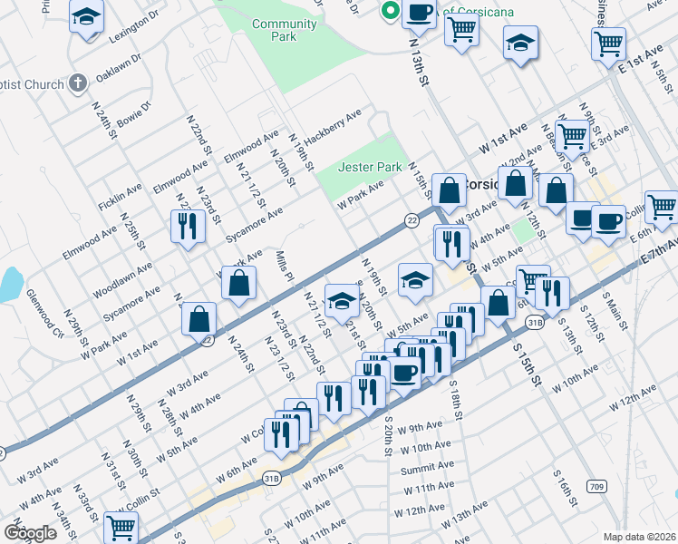 map of restaurants, bars, coffee shops, grocery stores, and more near 1002 West 2nd Avenue in Corsicana