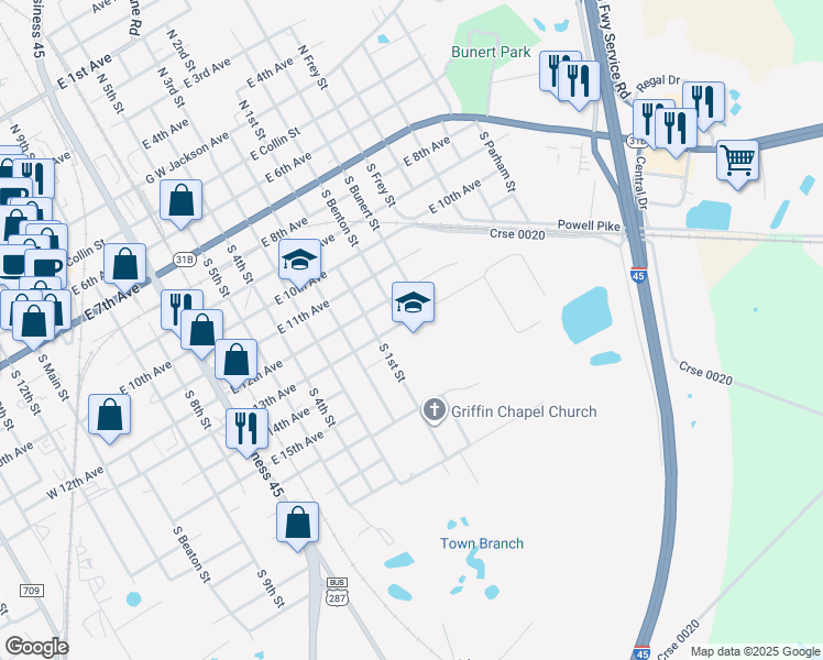 map of restaurants, bars, coffee shops, grocery stores, and more near 1101 East 13th Avenue in Corsicana
