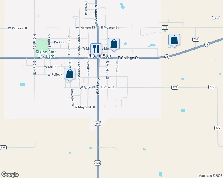 map of restaurants, bars, coffee shops, grocery stores, and more near 309 South Mayben Street in Rising Star