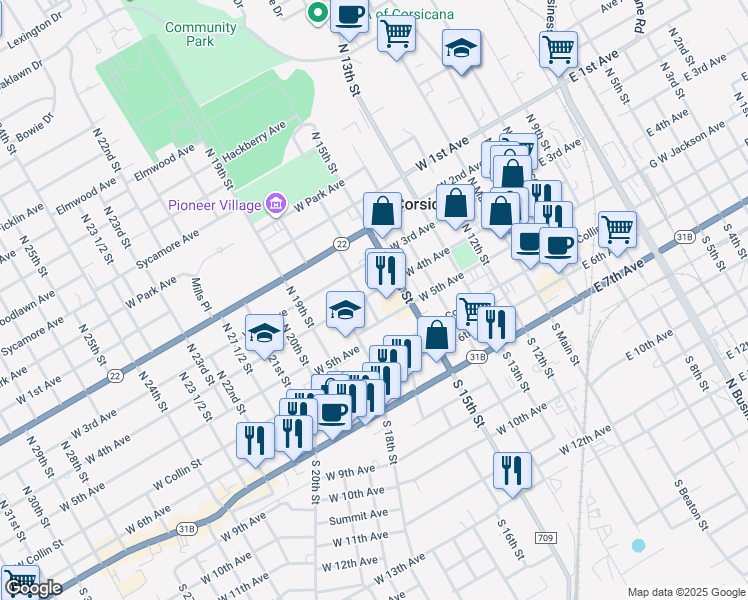 map of restaurants, bars, coffee shops, grocery stores, and more near 320 North 15th Street in Corsicana