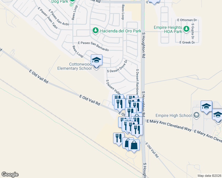 map of restaurants, bars, coffee shops, grocery stores, and more near 8790 Desert Valley Way in Tucson