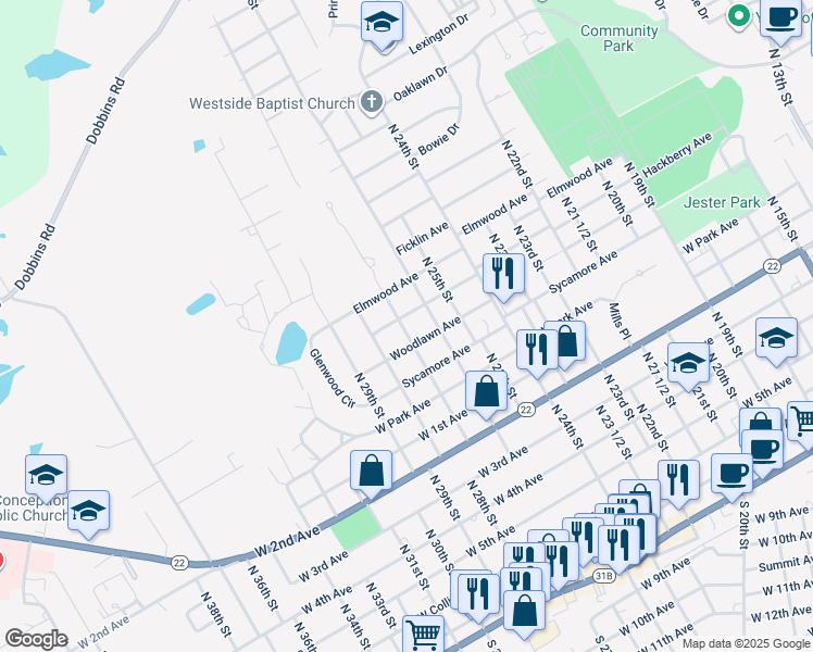 map of restaurants, bars, coffee shops, grocery stores, and more near 1723 Maplewood Avenue in Corsicana