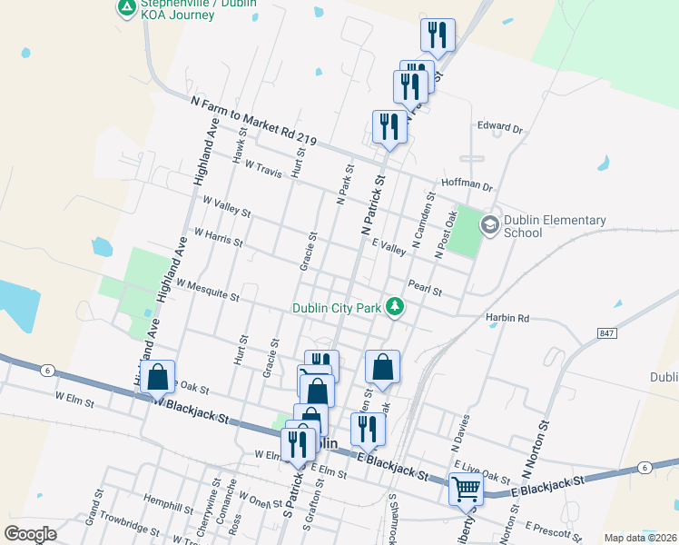 map of restaurants, bars, coffee shops, grocery stores, and more near 515 North Park Street in Dublin