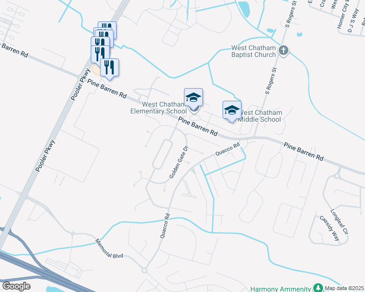 map of restaurants, bars, coffee shops, grocery stores, and more near 89 Golden Gate Drive in Pooler