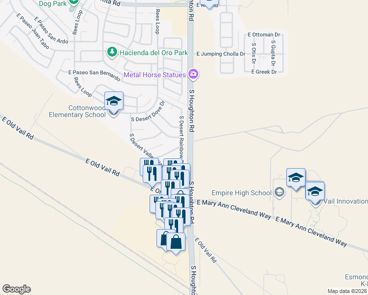 map of restaurants, bars, coffee shops, grocery stores, and more near 8765 South Desert Rainbow Drive in Tucson