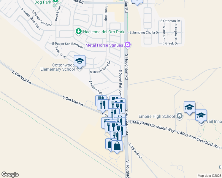 map of restaurants, bars, coffee shops, grocery stores, and more near 10193 East Desert Paradise Place in Tucson