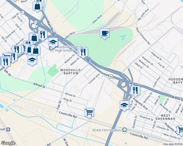 map of restaurants, bars, coffee shops, grocery stores, and more near 2601 West Bay Street in Savannah