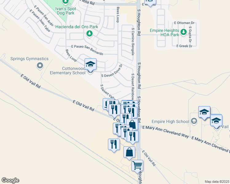 map of restaurants, bars, coffee shops, grocery stores, and more near 10151 East Desert Paradise Place in Tucson